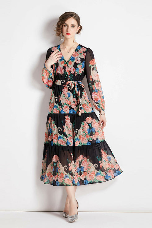 Runway Fashion Spellbind Floral Print, Wrap V-Neck, Ruffled, Belted, Long Sleeve Chiffon Vintage Holiday, Party Maxi Dress